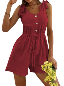 Women's Solid Drawstring Romper with Buttons in 6 Colors Sizes 4-14