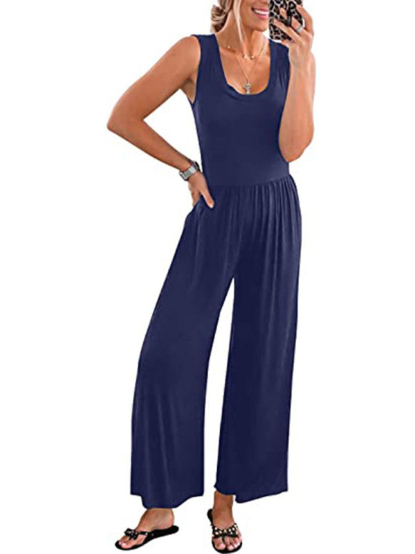 Women's Solid Round Neck Sleeveless Jumpsuit in 5 Colors Sizes 4-14 - Wazzi's Wear