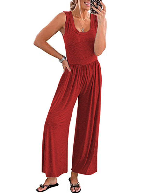 Women's Solid Round Neck Sleeveless Jumpsuit in 5 Colors Sizes 4-14 - Wazzi's Wear