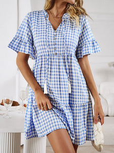 Women's V-Neck Checkered Short Sleeve Dress with Tassel Sizes 4-12 - Wazzi's Wear