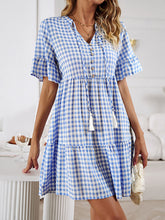 Load image into Gallery viewer, Women&#39;s V-Neck Checkered Short Sleeve Dress with Tassel Sizes 4-12 - Wazzi&#39;s Wear