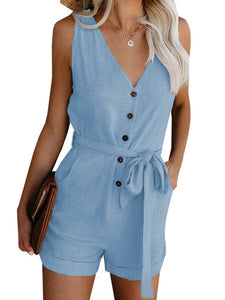 Women's Solid V-Neck Button-Up Sleeveless Romper in 10 Colors Sizes 4-20 - Wazzi's Wear