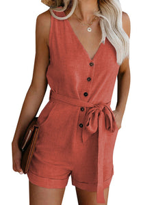 Women's Solid V-Neck Button-Up Sleeveless Romper in 10 Colors Sizes 4-20 - Wazzi's Wear