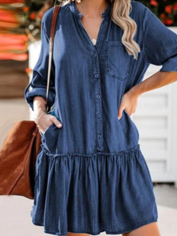 Women’s V-Neck Ruffled Denim Midi Dress with Buttons and Side Pockets Sizes 2-22 - Wazzi's Wear