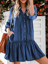 Load image into Gallery viewer, Women’s V-Neck Ruffled Denim Midi Dress with Buttons and Side Pockets Sizes 2-22