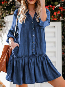 Women’s V-Neck Ruffled Denim Midi Dress with Buttons and Side Pockets Sizes 2-22