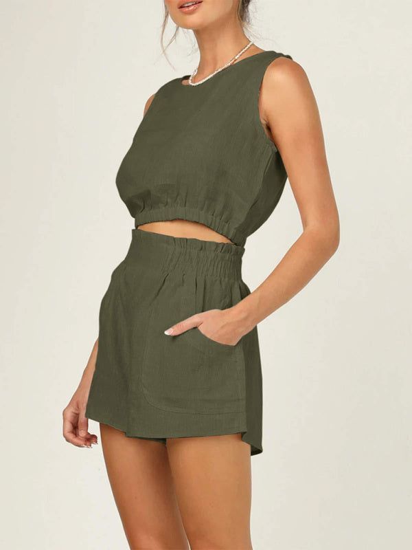 Women's Sleeveless Cropped Top with High Waist Pocket Shorts Set