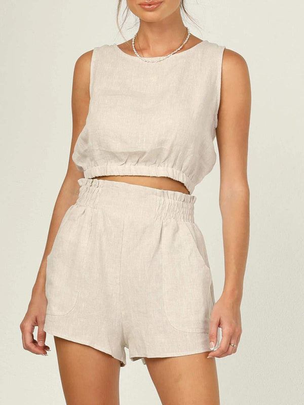 Women's Sleeveless Cropped Top with High Waist Pocket Shorts Set