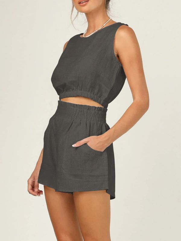 Women's Sleeveless Cropped Top with High Waist Pocket Shorts Set