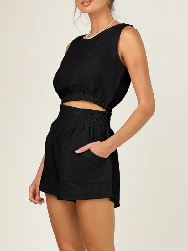 Women's Sleeveless Cropped Top with High Waist Pocket Shorts Set