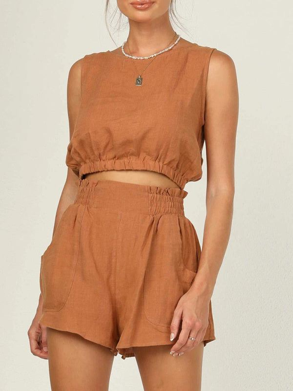 Women's Sleeveless Cropped Top with High Waist Pocket Shorts Set
