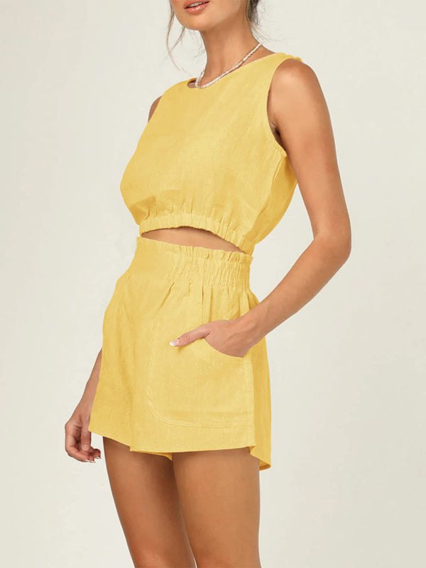 Women's Sleeveless Cropped Top with High Waist Pocket Shorts Set