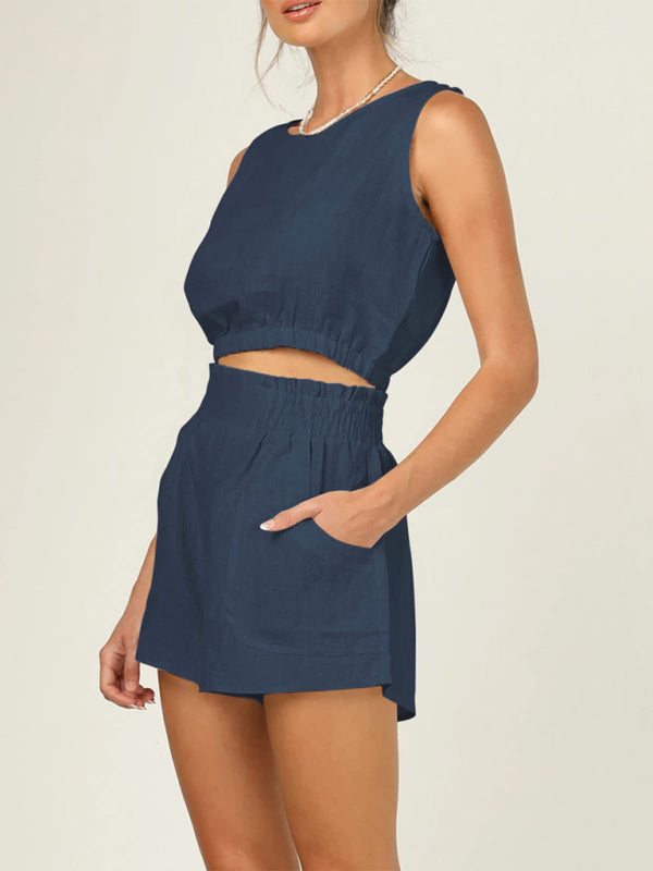Women's Sleeveless Cropped Top with High Waist Pocket Shorts Set