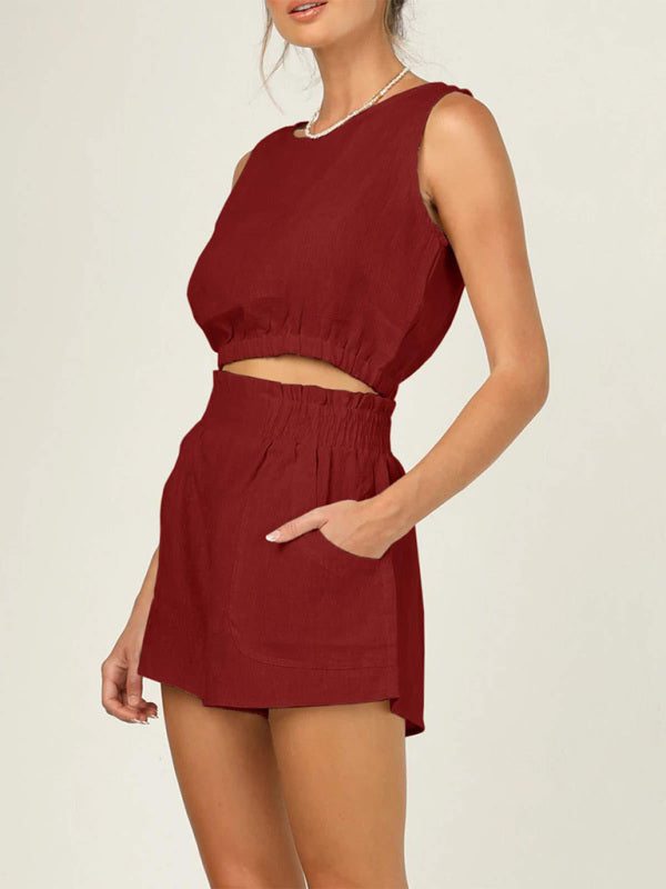 Women's Sleeveless Cropped Top with High Waist Pocket Shorts Set