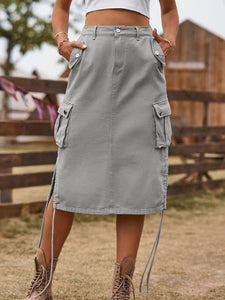 Women’s Solid Denim Cargo Skirt with Drawstring and Pockets in 4 Colors Sizes 2-14