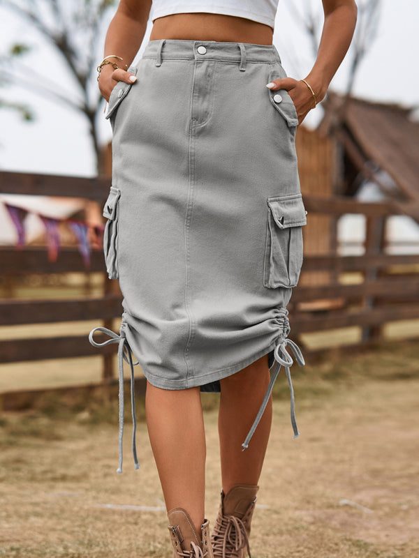 Women’s Solid Denim Cargo Skirt with Drawstring and Pockets in 4 Colors Sizes 2-14 - Wazzi's Wear