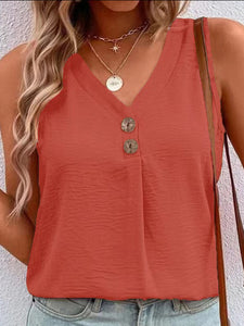 Women's Solid V-Neck Button Sleeveless Top in 7 Colors Sizes 4-14