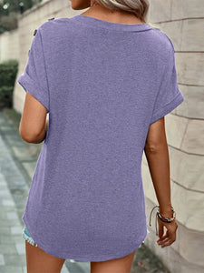 Women's Solid Short Sleeve V-Neck Top with Buttons in 8 Colors Sizes 6-16