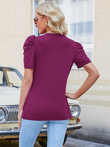 Women's Solid V-Neck Pleated Short Sleeve Top in 3 Colors Sizes 6-16