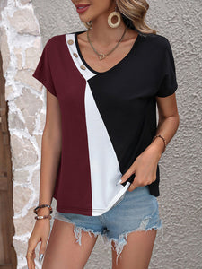 Women’s V-Neck Short Sleeves Colorblock Top in 3 Colors Sizes 2-12