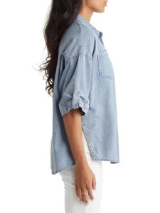 Women's Distressed Denim Short Sleeve Buttoned Shirt Sizes 4-12