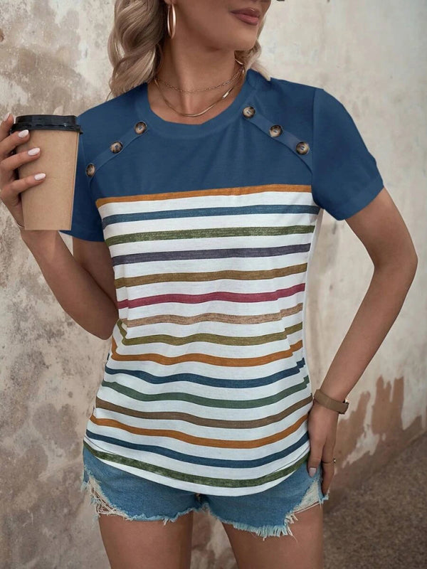 Women's Striped Short Sleeve Top with Buttons in 4 Colors Sizes 4-12 - Wazzi's Wear