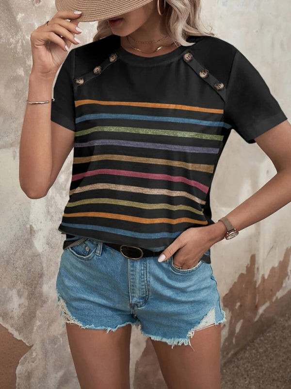 Women's Striped Short Sleeve Top with Buttons in 4 Colors Sizes 4-12 - Wazzi's Wear