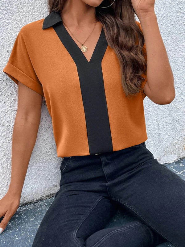 Women's Contrasting Color V-Neck Raglan Sleeve Lapel Loose Top - Wazzi's Wear