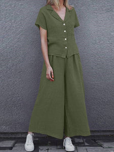 Women’s Short Sleeve Buttoned Top with Matching Wide Leg Pants with Pockets in 4 Colors Sizes 2-18