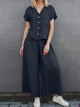 Load image into Gallery viewer, Women’s Short Sleeve Buttoned Top with Matching Wide Leg Pants with Pockets in 4 Colors Sizes 2-18