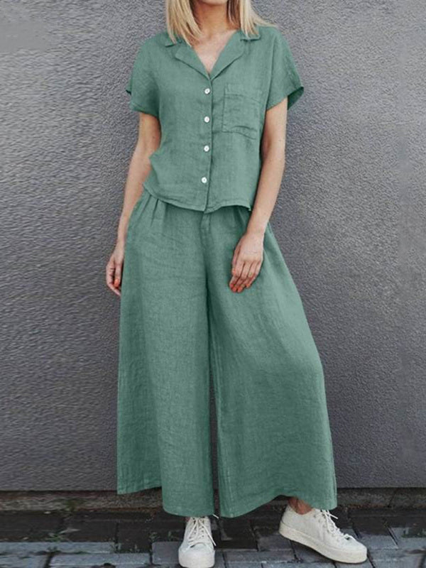 Women’s Short Sleeve Buttoned Top with Matching Wide Leg Pants with Pockets in 4 Colors Sizes 2-18 - Wazzi's Wear