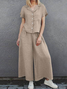 Women’s Short Sleeve Buttoned Top with Matching Wide Leg Pants with Pockets in 4 Colors Sizes 2-18