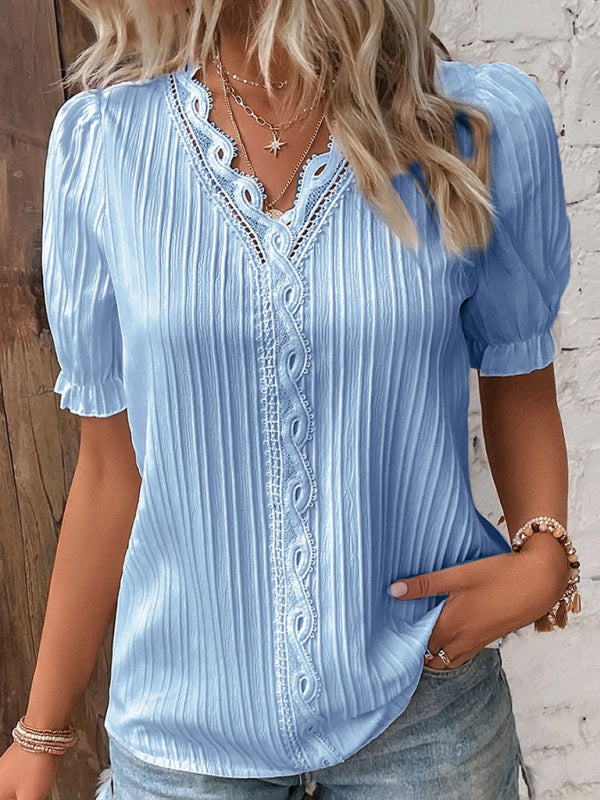 Women’s Solid V-Neck Short Sleeve Top with Lace Detail in 6 Colors Sizes 2-18 - Wazzi's Wear