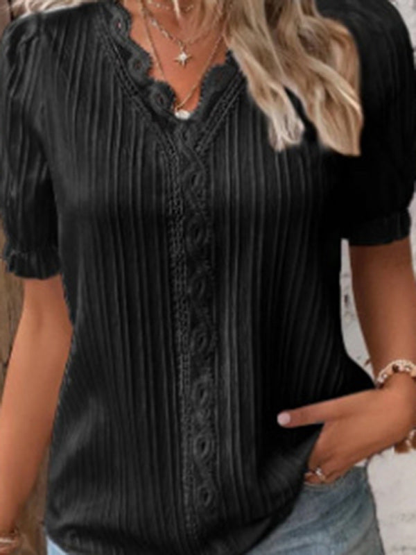 Women’s Solid V-Neck Short Sleeve Top with Lace Detail in 6 Colors Sizes 2-18 - Wazzi's Wear