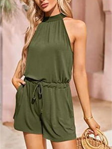 Women’s Solid Halter Neck Romper with Drawstring and Pockets in 4 Colors Sizes 2-14 - Wazzi's Wear