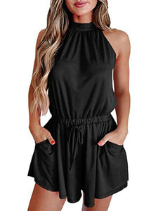 Women’s Solid Halter Neck Romper with Drawstring and Pockets in 4 Colors Sizes 2-14 - Wazzi's Wear