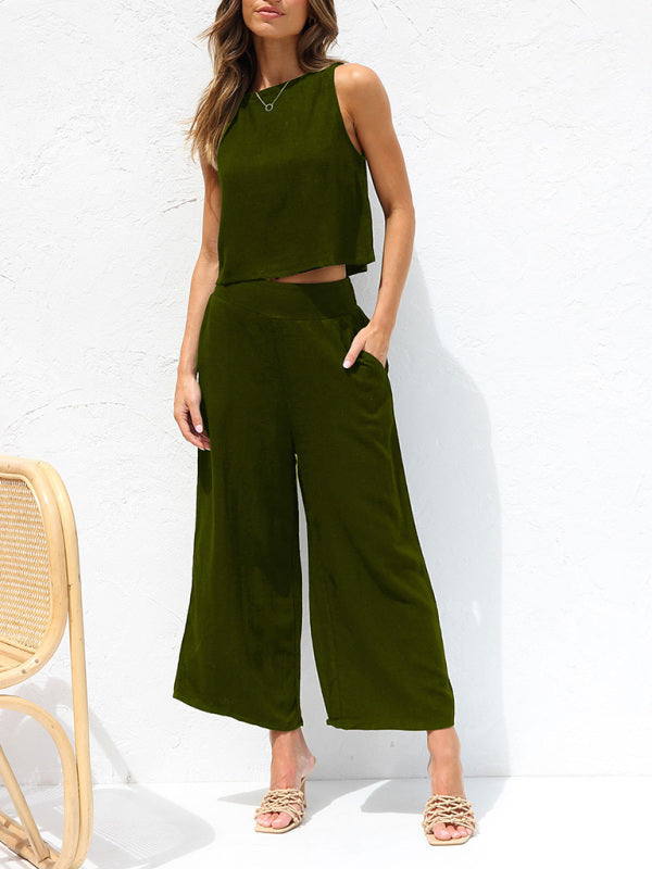 Women's Sleeveless Crop Top with Wide Leg Cropped Pants Set