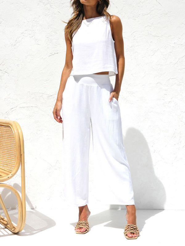 Women's Sleeveless Crop Top with Wide Leg Cropped Pants Set