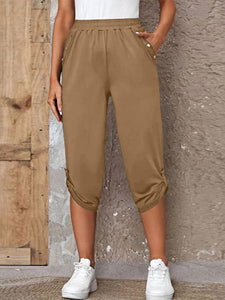 Women's Solid Cropped Pants with Elastic Waist and Pockets in 5 Colors Sizes 4-16