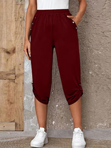 Women's Solid Cropped Pants with Elastic Waist and Pockets in 5 Colors Sizes 4-16