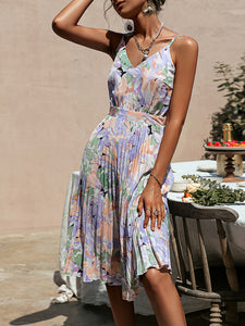 Women's Floral V-Neck Pleated Dress with Spaghetti Straps Sizes 4-14