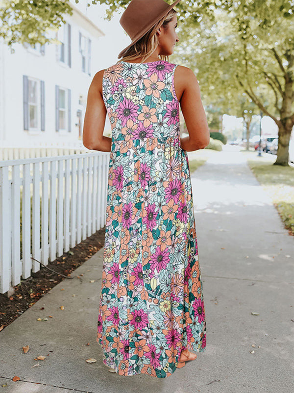 Woman’s Floral Round Neck Sleeveless Maxi Dress with Pockets Sizes 4-12 - Wazzi's Wear
