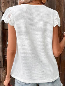 Women’s White V-Neck Short Sleeve Waffle Top with Lace Detail Sizes 2-14