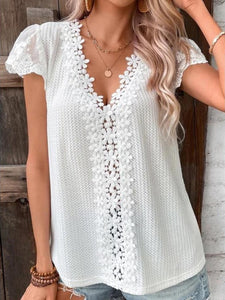 Women’s White V-Neck Short Sleeve Waffle Top with Lace Detail Sizes 2-14