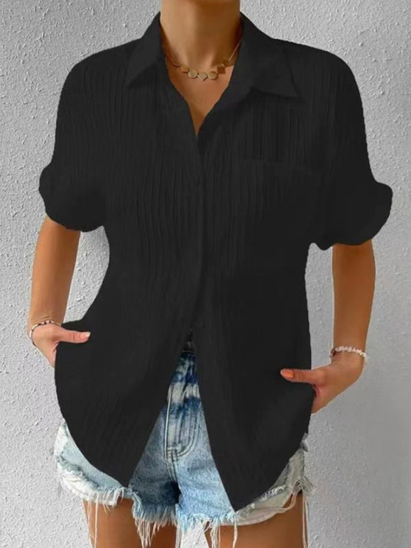 Women’s Solid Short Sleeve Buttoned Top with Lapel and Pocket in 6 Colors Sizes 2-12 - Wazzi's Wear