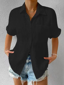 Women’s Solid Short Sleeve Buttoned Top with Lapel and Pocket in 6 Colors Sizes 2-12