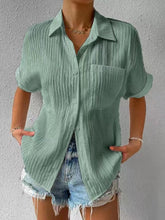 Load image into Gallery viewer, Women’s Solid Short Sleeve Buttoned Top with Lapel and Pocket in 6 Colors Sizes 2-12