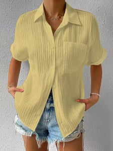 Women’s Solid Short Sleeve Buttoned Top with Lapel and Pocket in 6 Colors Sizes 2-12