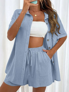 Women’s Two-Piece Solid Short Sleeve Button Top with Matching Shorts Set in 11 Colors Sizes 2-10