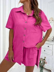 Women’s Two-Piece Solid Short Sleeve Button Top with Matching Shorts Set in 11 Colors Sizes 2-10